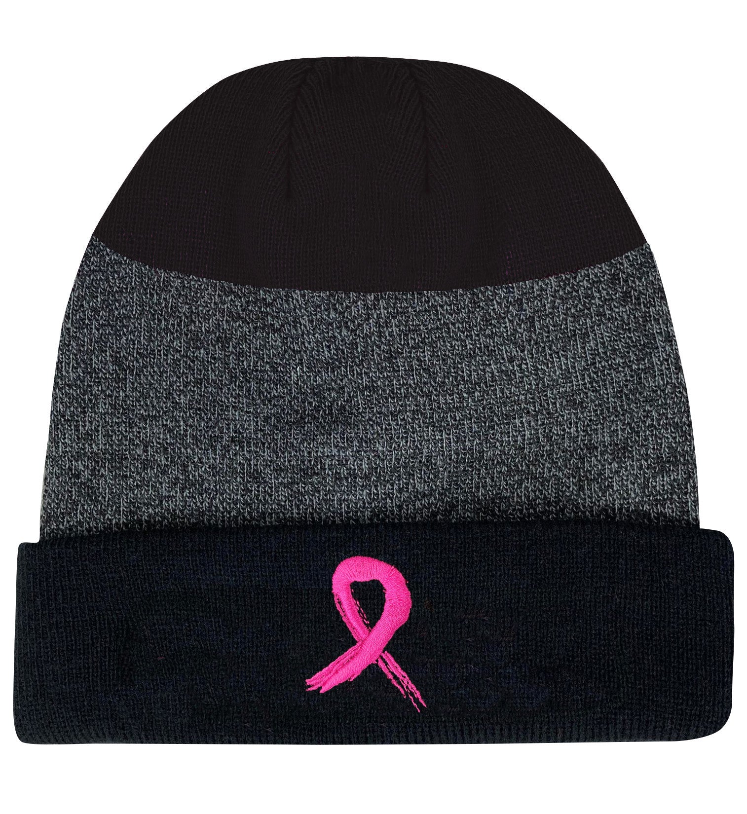 Grunge Ribbon Cuffed Knit Beanie - Black/Black w/ Pink