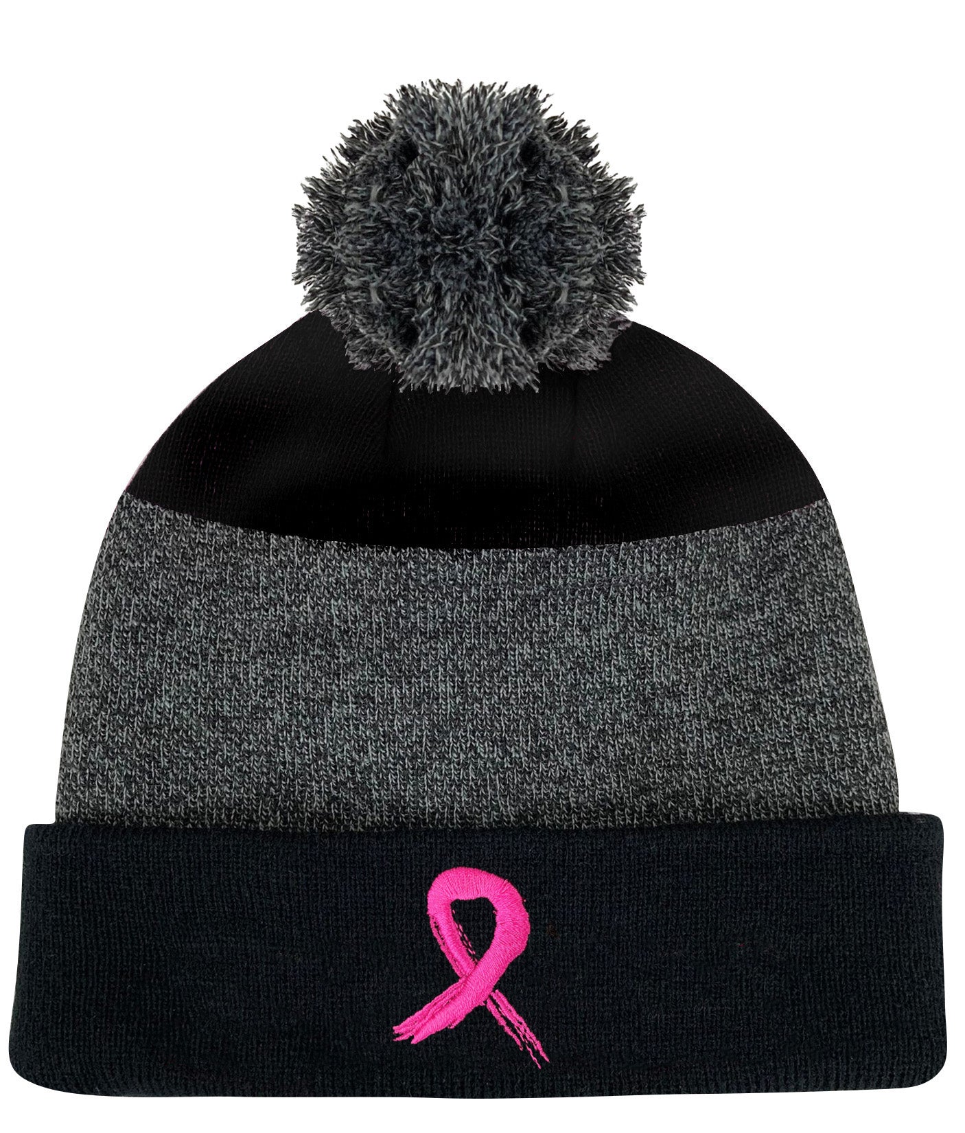 Grunge Ribbon Cuffed Knit Pom Beanie - Black/Black w/ Pink