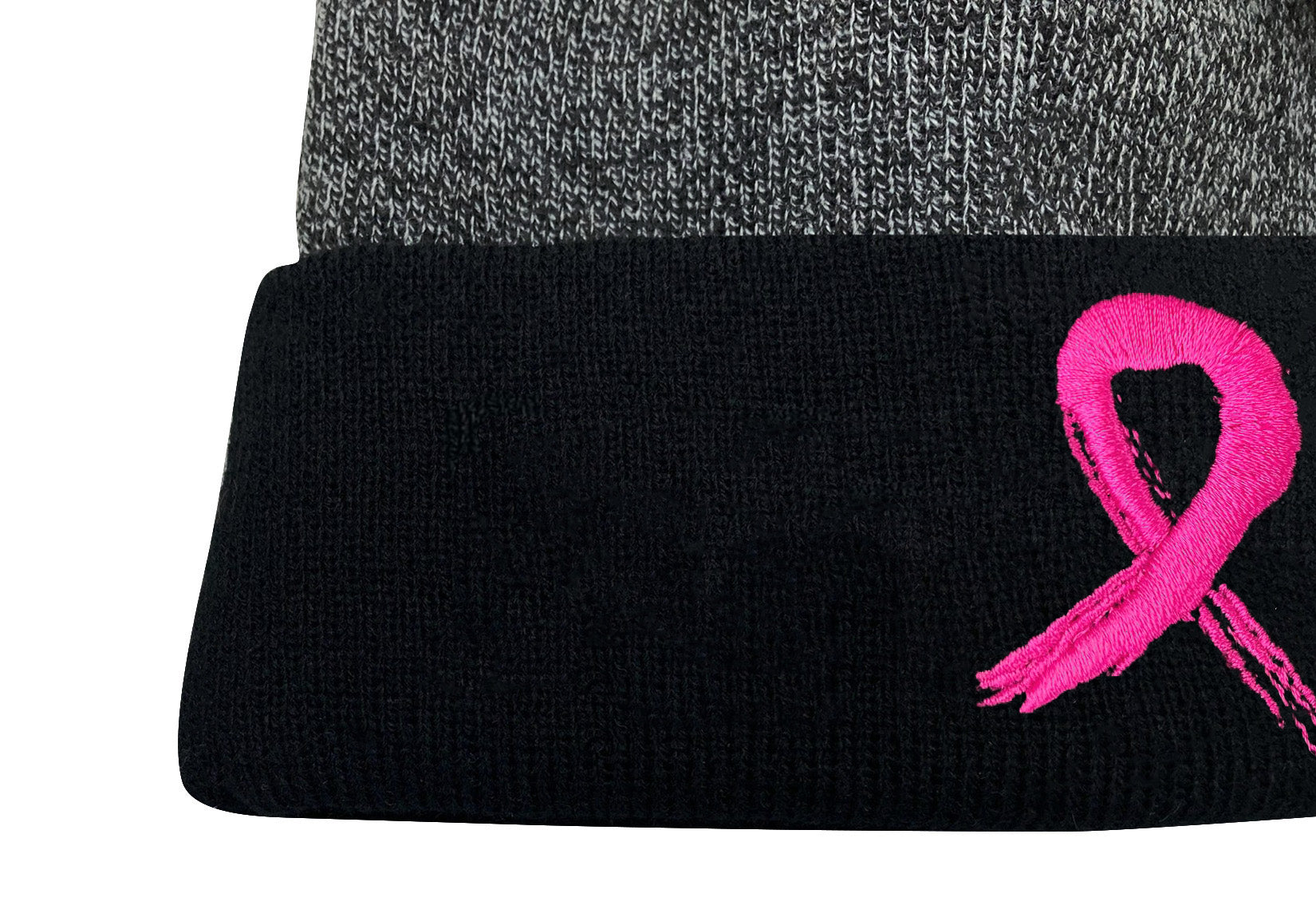 Grunge Ribbon Cuffed Knit Pom Beanie - Black/Black w/ Pink