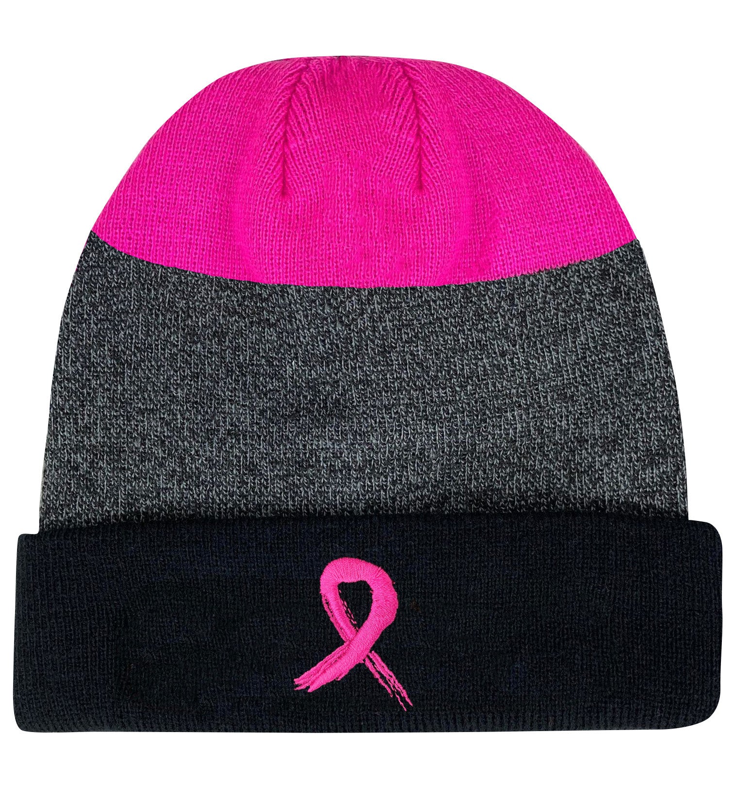 Grunge Ribbon Cuffed Knit Beanie - Black/Pink w/ Pink