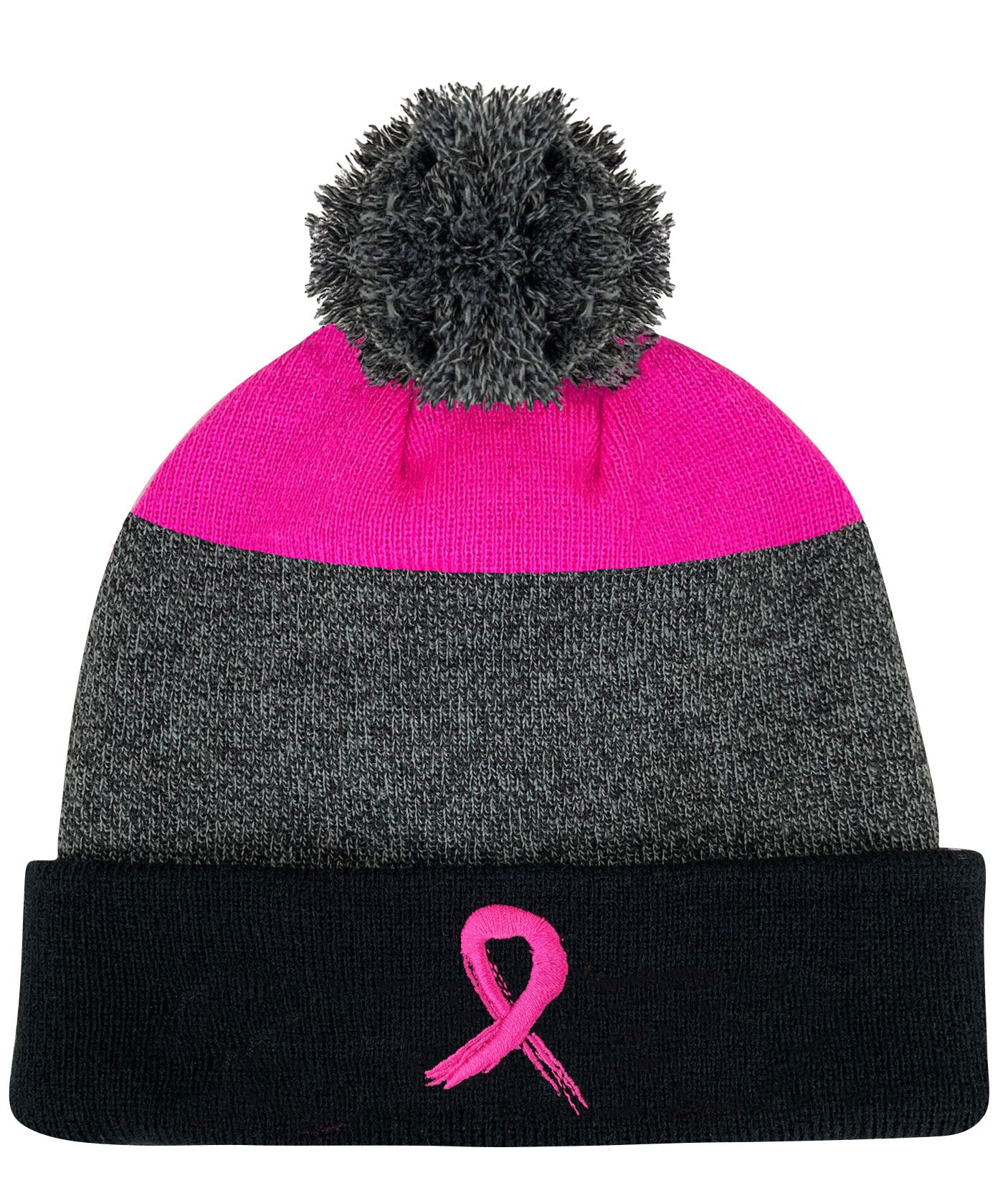 Grunge Ribbon Cuffed Knit Pom Beanie - Black/Pink w/ Pink