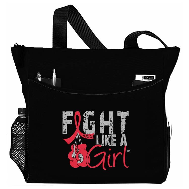 Front of Fight Like a Girl Knockout Dakota Tote Bag - Black w/ Red Ribbon