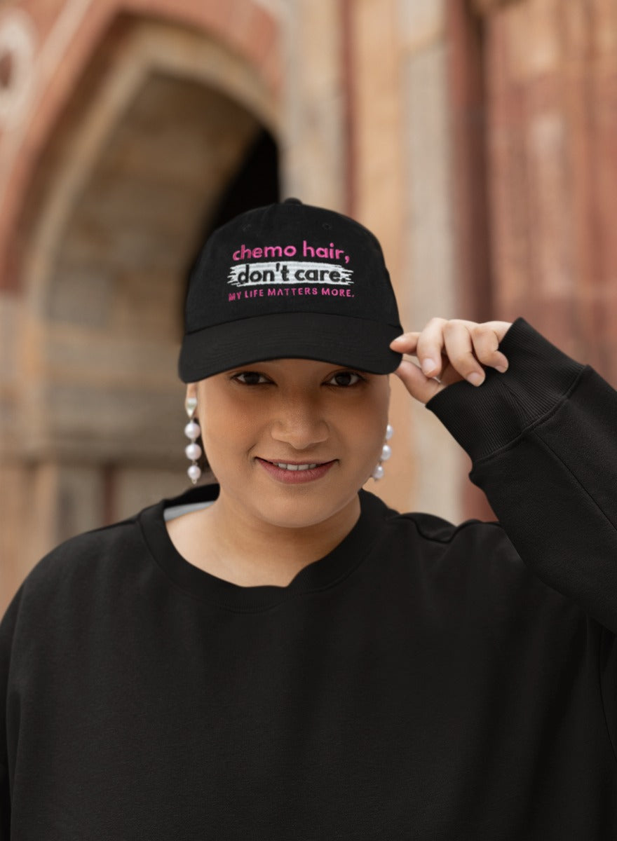 Chemo Hair Don't Care Embroidered Cap - Black w/ Pink