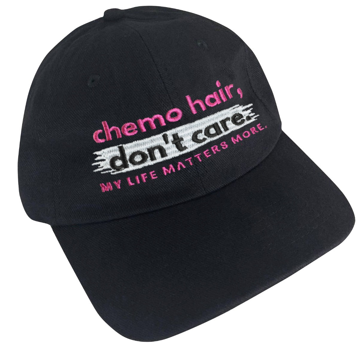 Chemo Hair Don't Care Embroidered Cap - Black w/ Pink