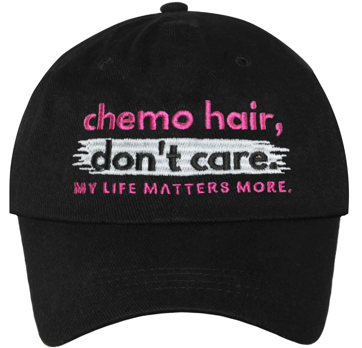 Chemo Hair Don't Care Embroidered Cap - Black w/ Pink