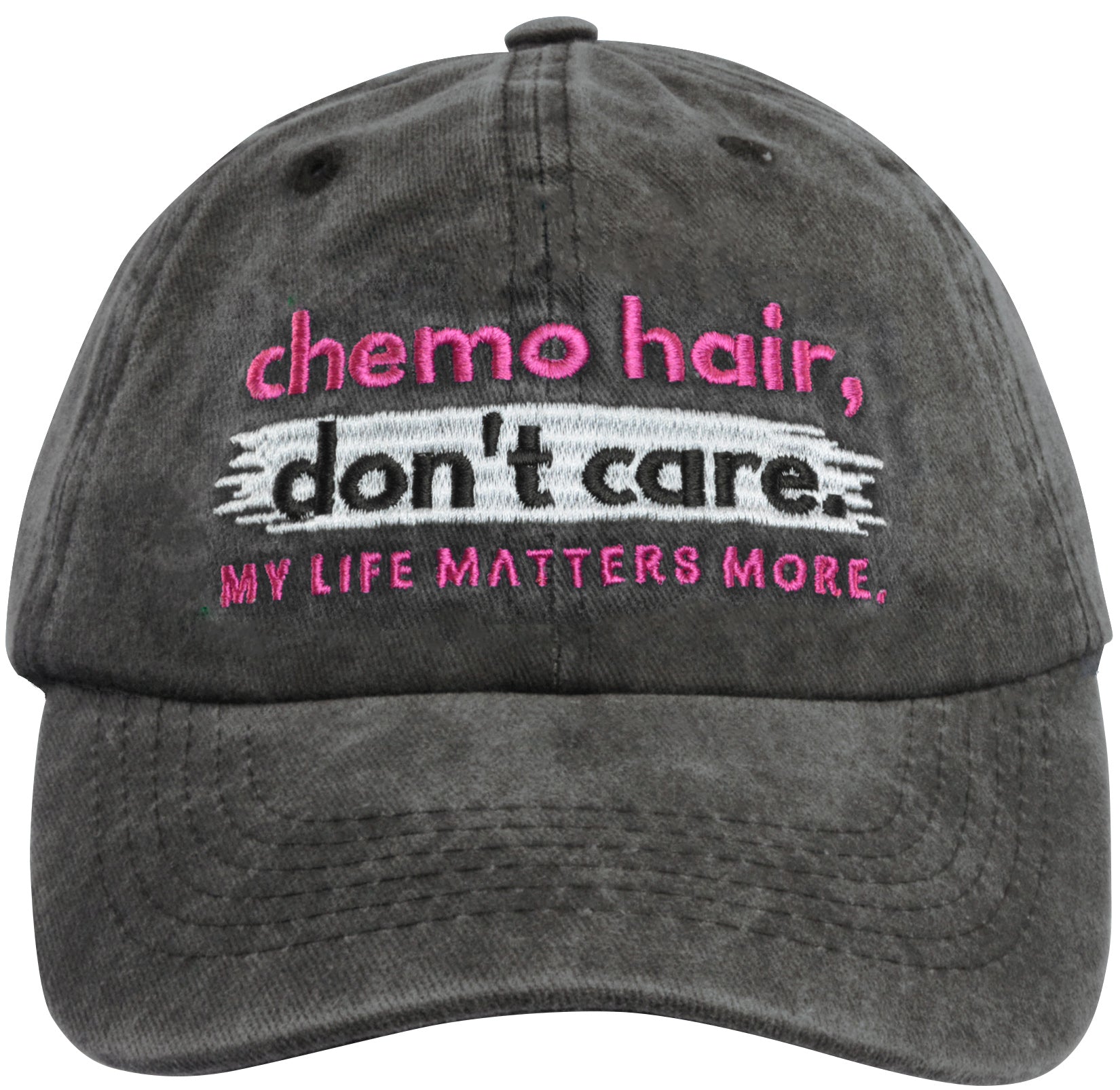 Chemo Hair Don't Care Embroidered Cap - Washed Black w/ Pink