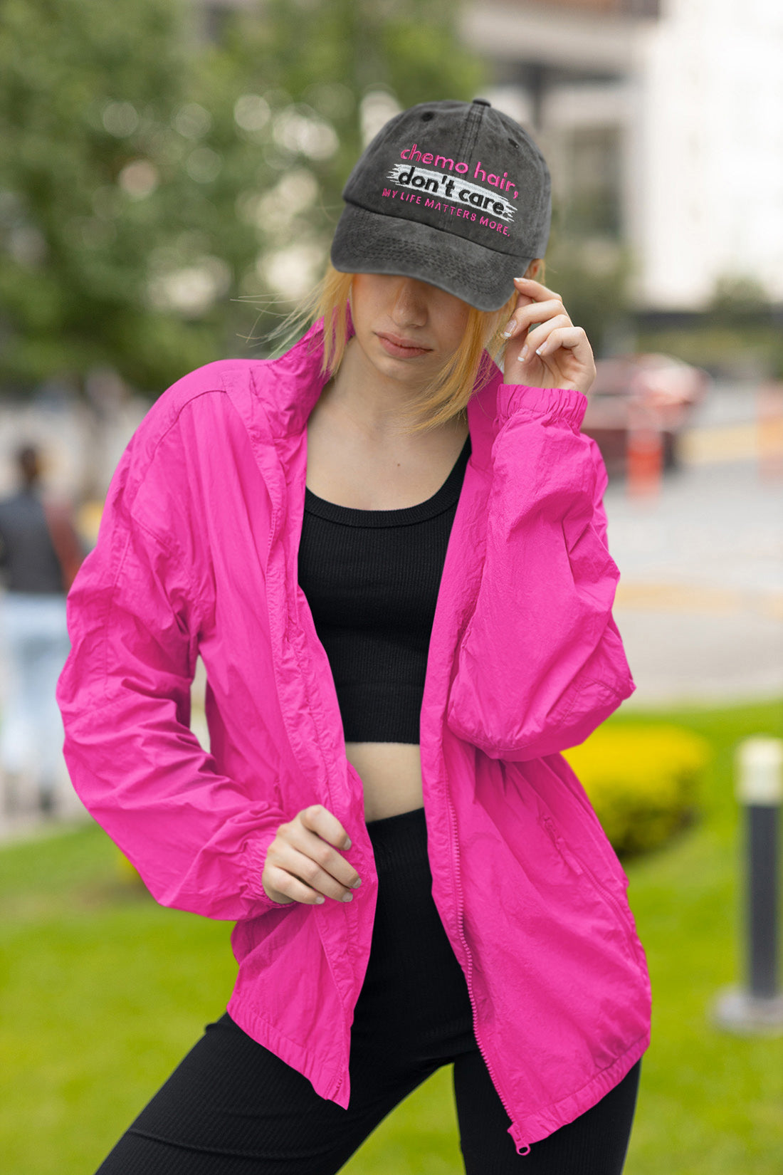 Chemo Hair Don't Care Embroidered Cap - Washed Black w/ Pink