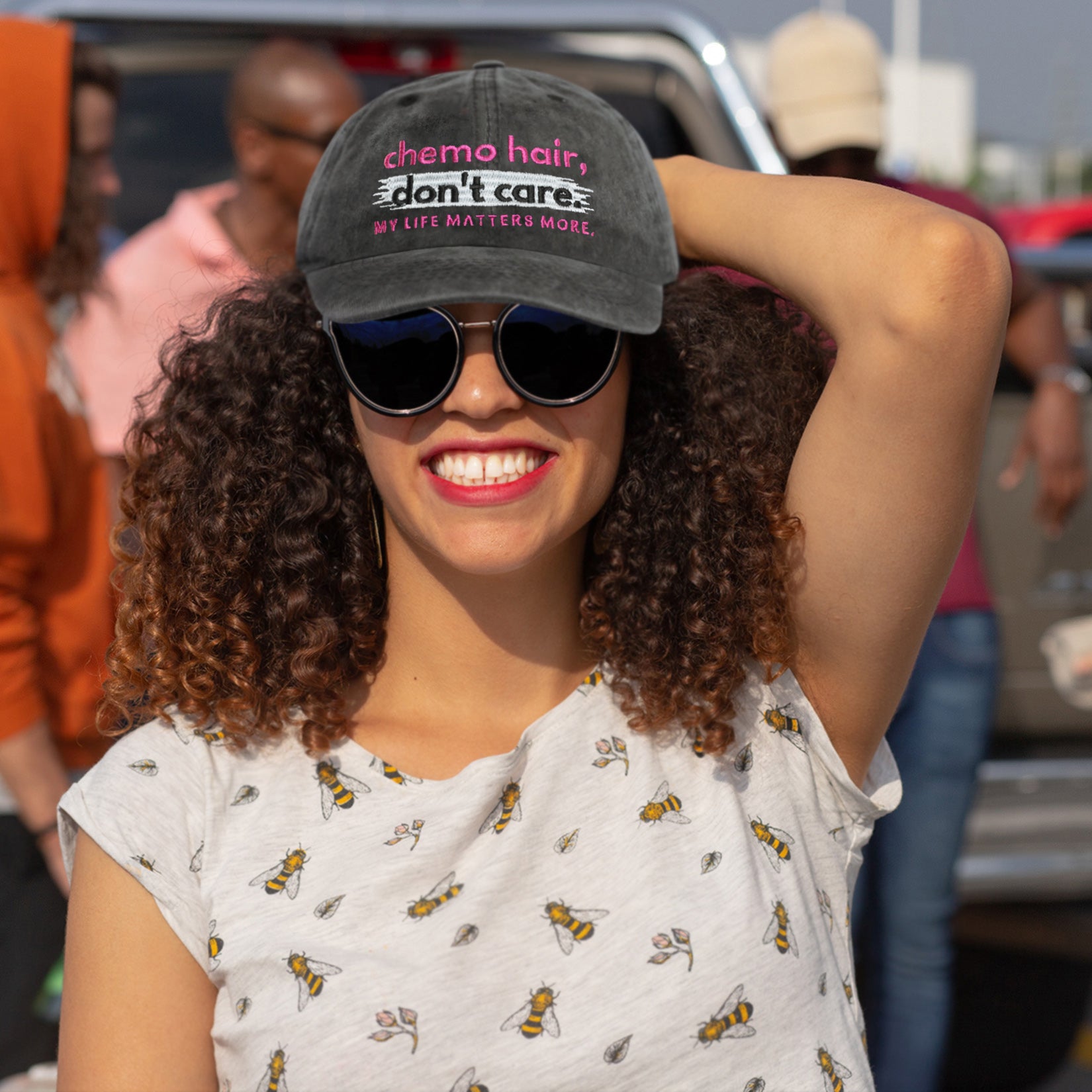 Chemo Hair Don't Care Embroidered Cap - Washed Black w/ Pink