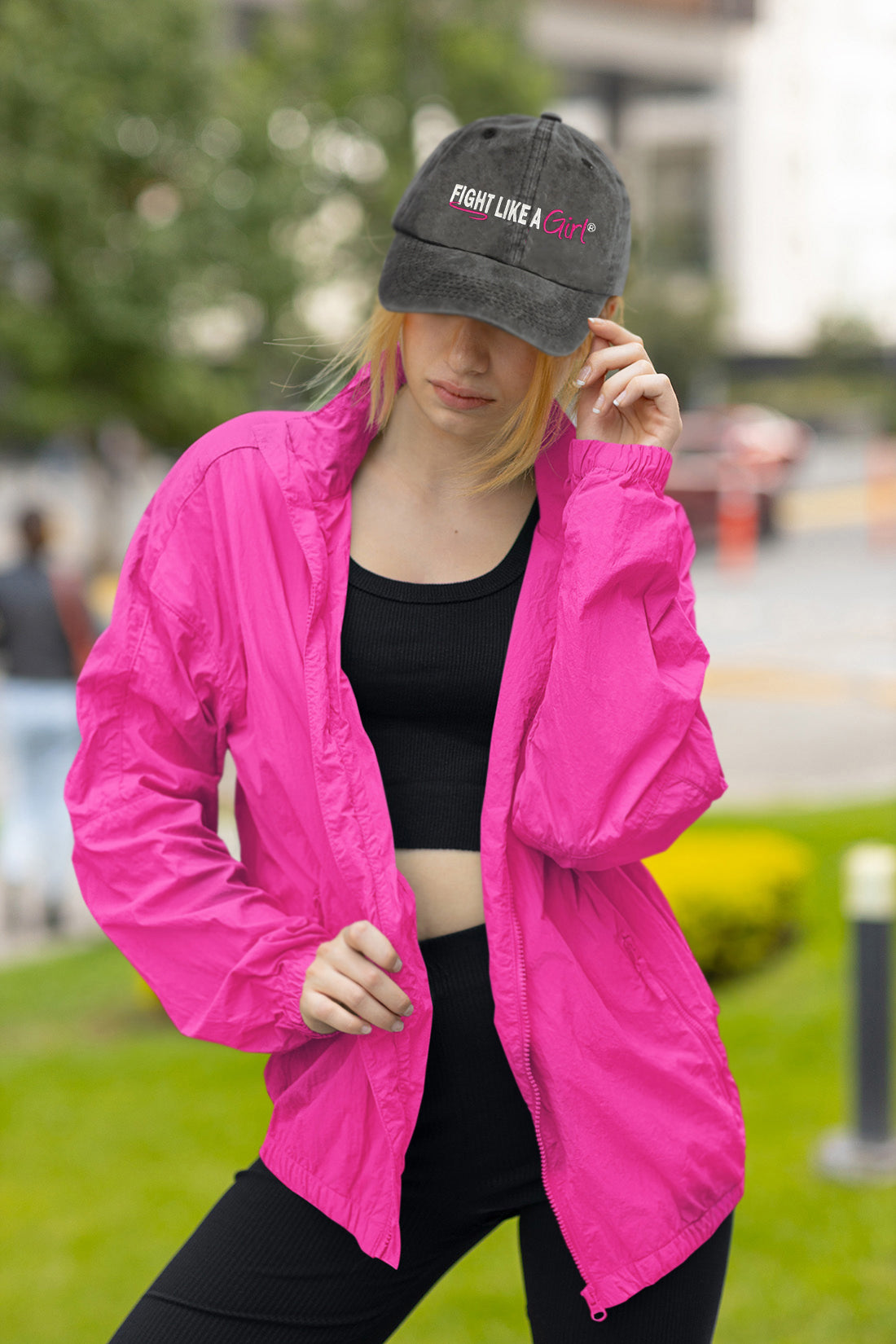 Fight Like a Girl Hybrid Embroidered Cap - Washed Black w/ Pink