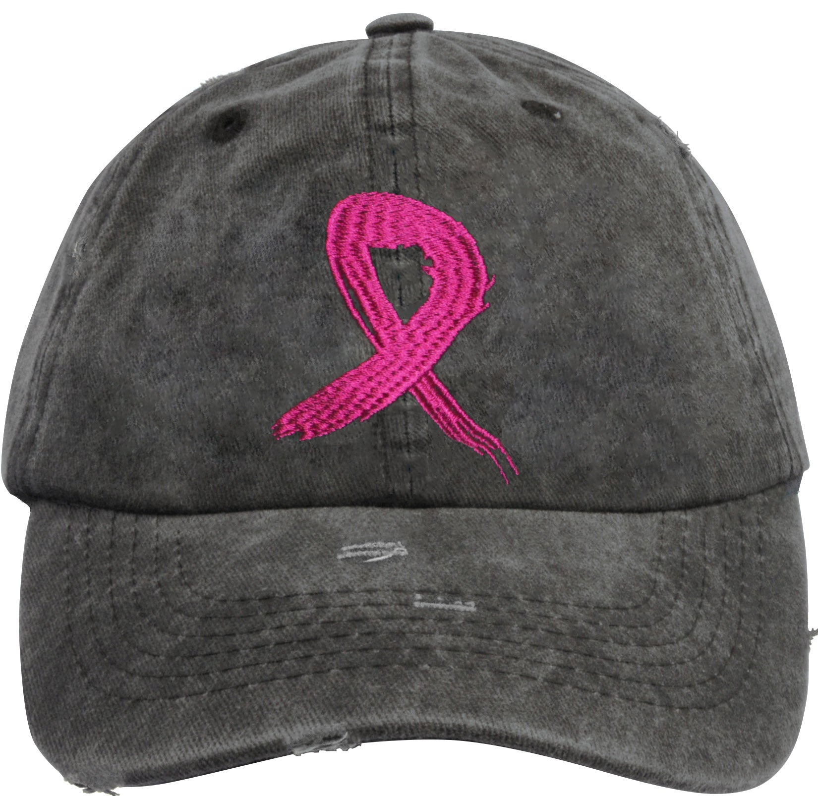 Grunge Ribbon Embroidered Cap - Washed Black (Distressed) w/ Pink