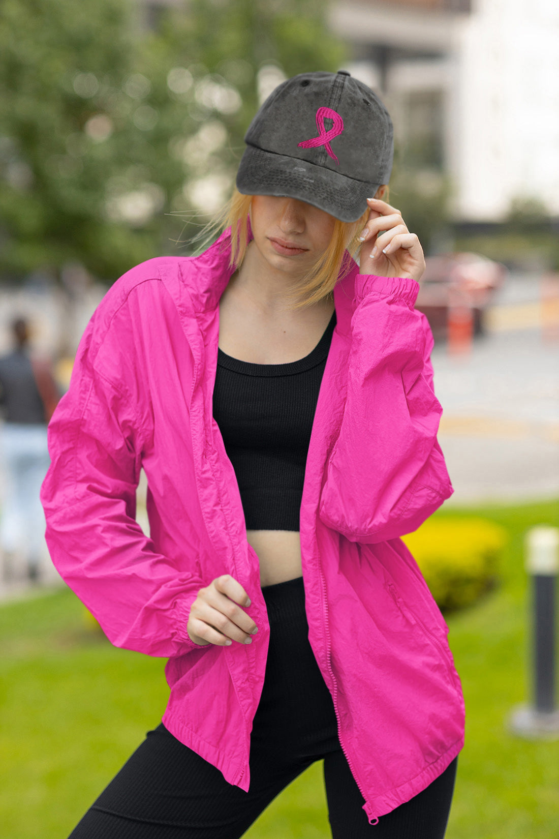 Grunge Ribbon Embroidered Cap - Washed Black (Distressed) w/ Pink