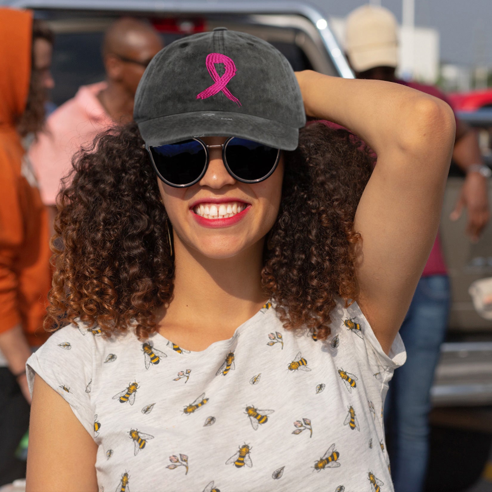 Grunge Ribbon Embroidered Cap - Washed Black (Distressed) w/ Pink