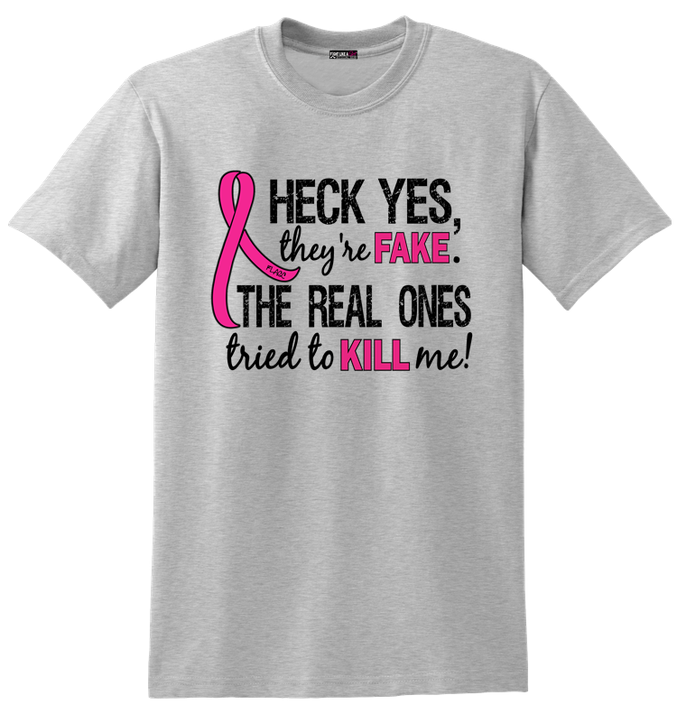 Heck Yes, They're Fake Unisex T-Shirt - Heather Grey w/ Pink
