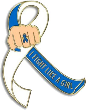I Fight Like a Girl Fist Awareness Ribbon Lapel Pin - Blue/White