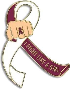 I Fight Like a Girl Fist Awareness Ribbon Lapel Pin - Burgundy/White
