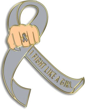 I Fight Like a Girl Fist Awareness Ribbon Lapel Pin - Grey