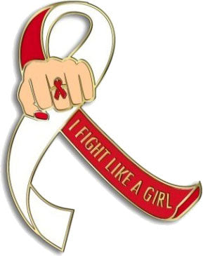 I Fight Like a Girl Fist Awareness Ribbon Lapel Pin - Red/White