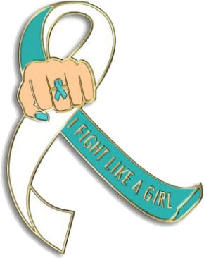 I Fight Like a Girl Fist Awareness Ribbon Lapel Pin - Teal/White