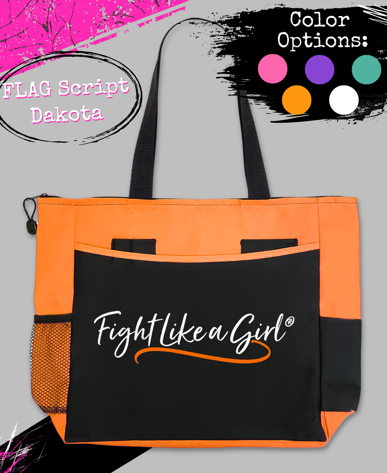 Fight Like a Girl Script Dakota Tote Bag - Black w/ Orange