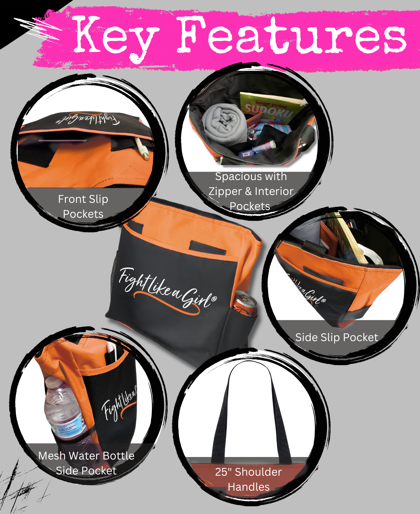 Fight Like a Girl Script Dakota Tote Bag - Black w/ Orange