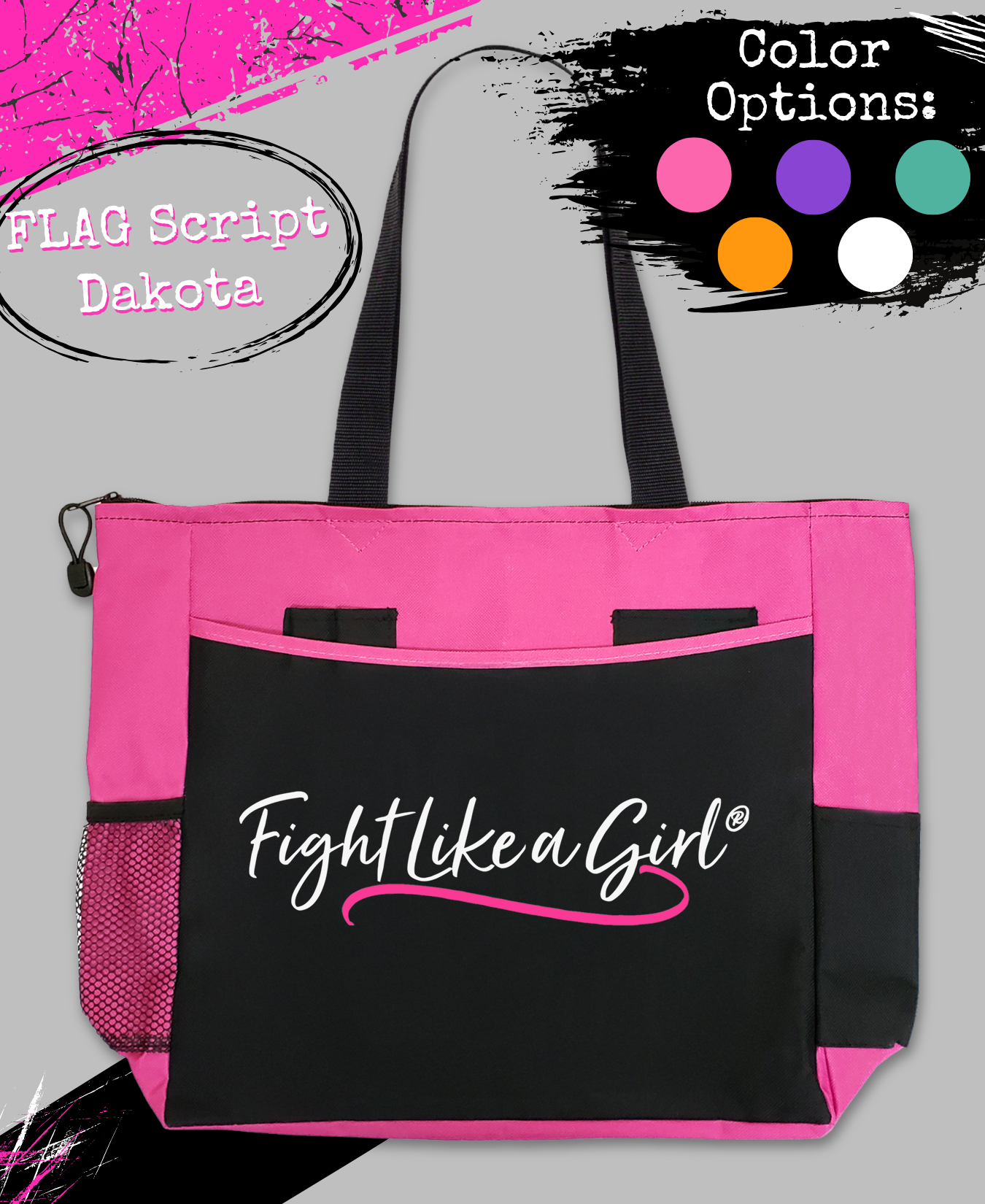 Fight Like a Girl Script Dakota Tote Bag - Black w/ Hot Pink