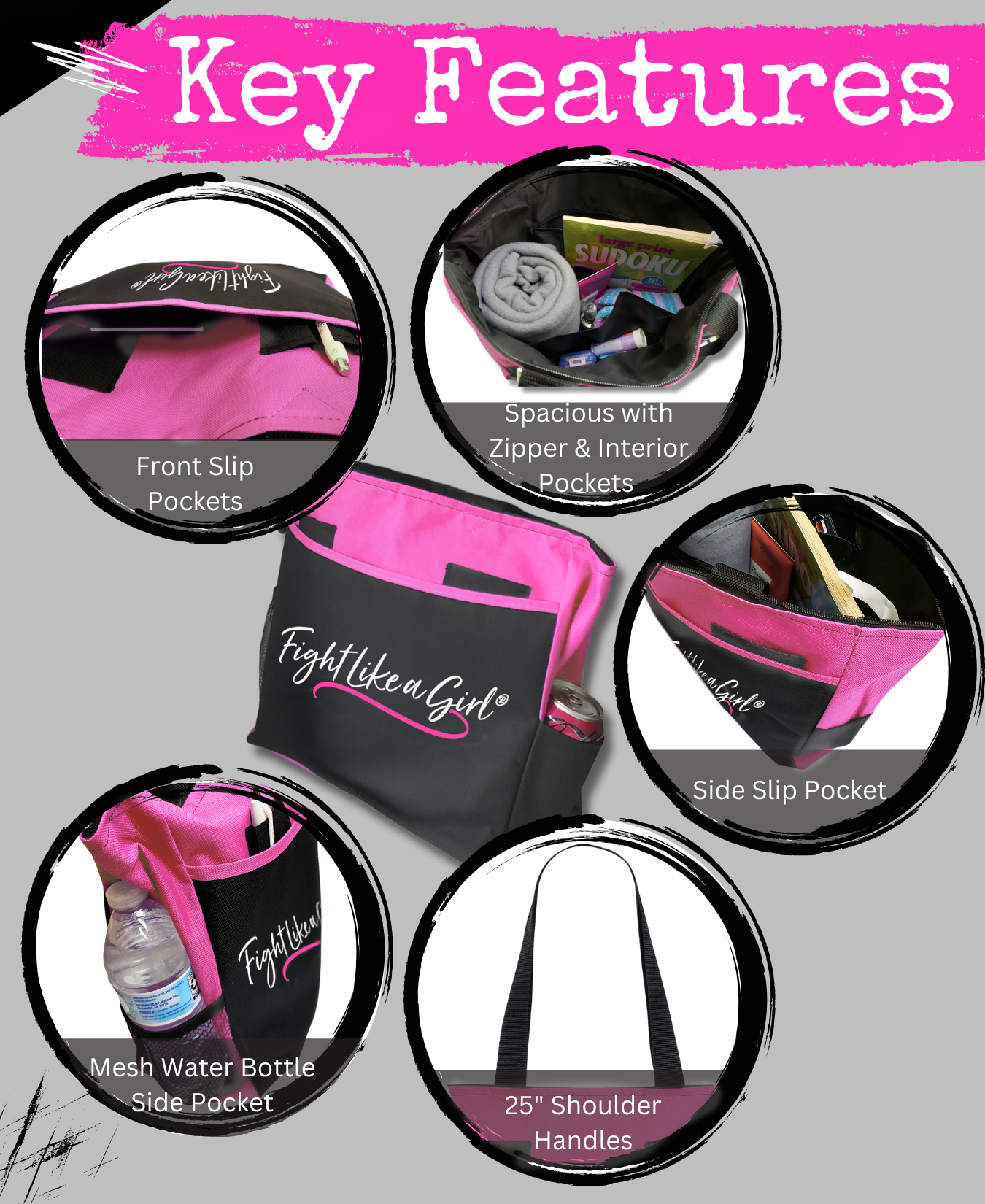 Fight Like a Girl Script Dakota Tote Bag - Black w/ Hot Pink