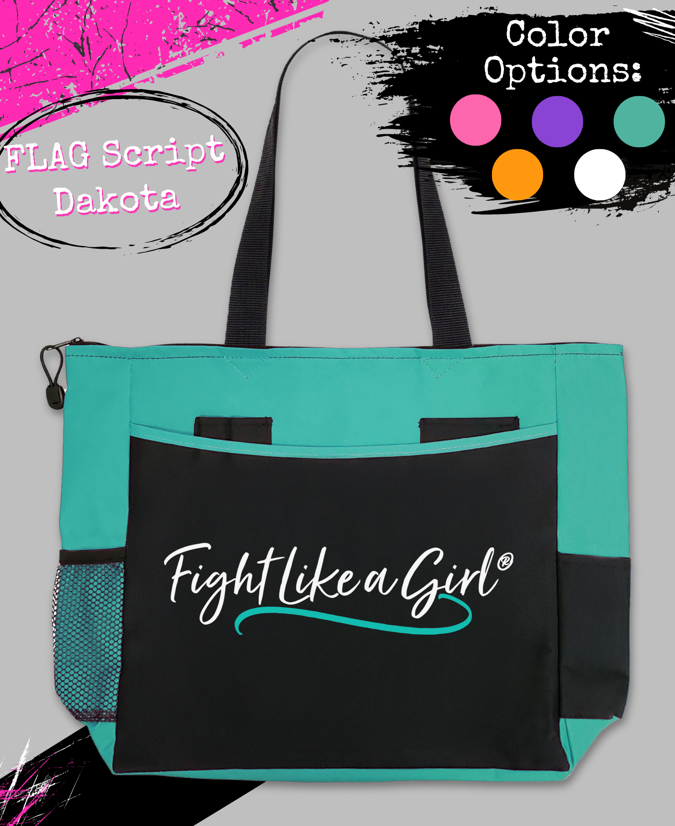 Fight Like a Girl Script Dakota Tote Bag - Black w/ Teal