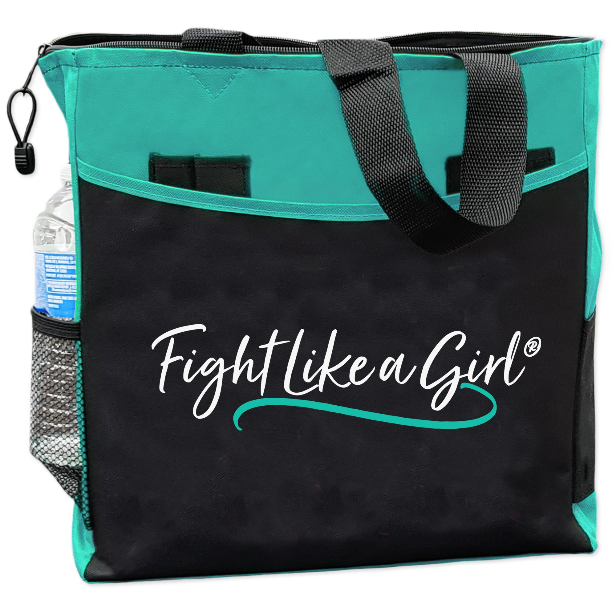 Fight Like a Girl Script Dakota Tote Bag - Black w/ Teal