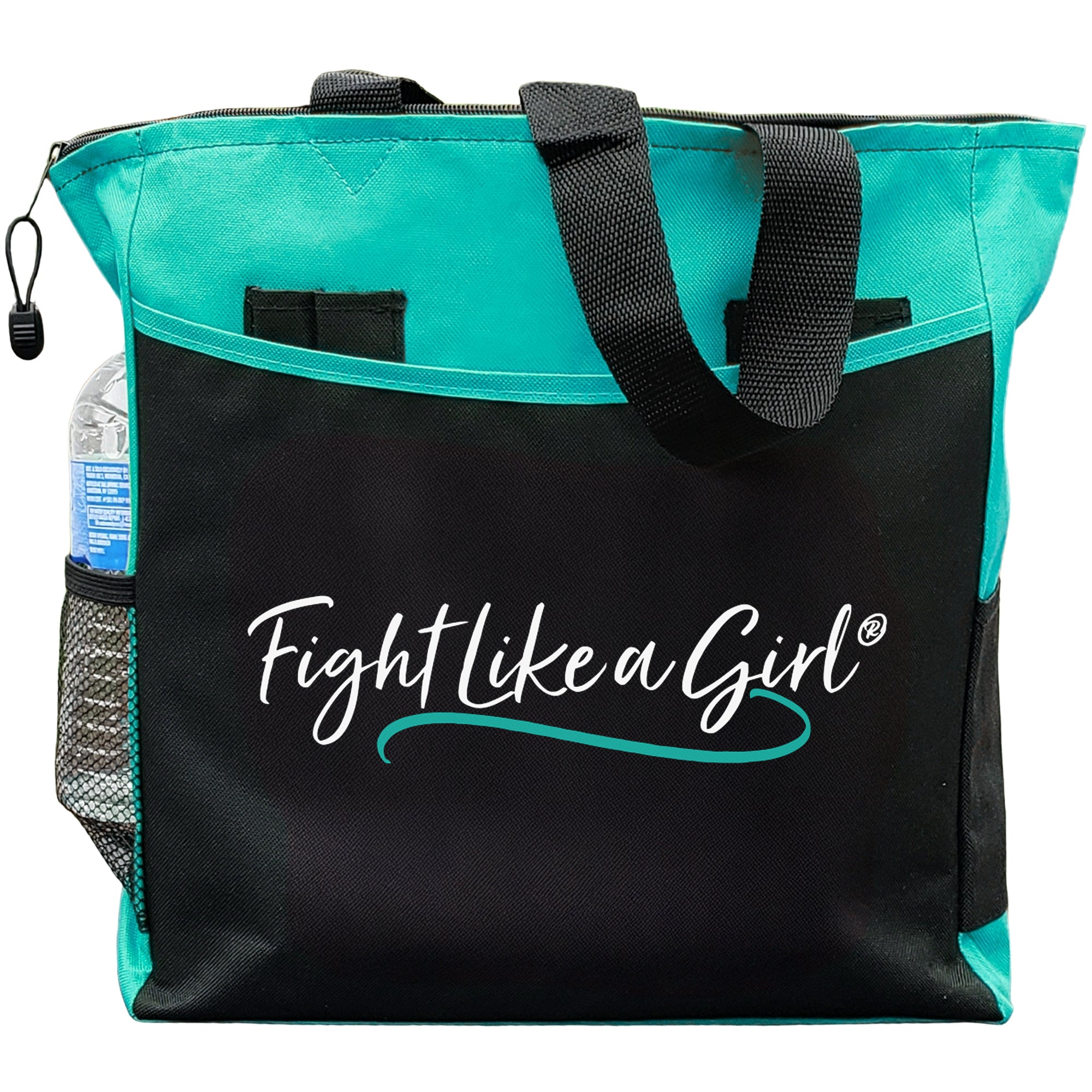 Fight Like a Girl Script Dakota Tote Bag - Black w/ Teal