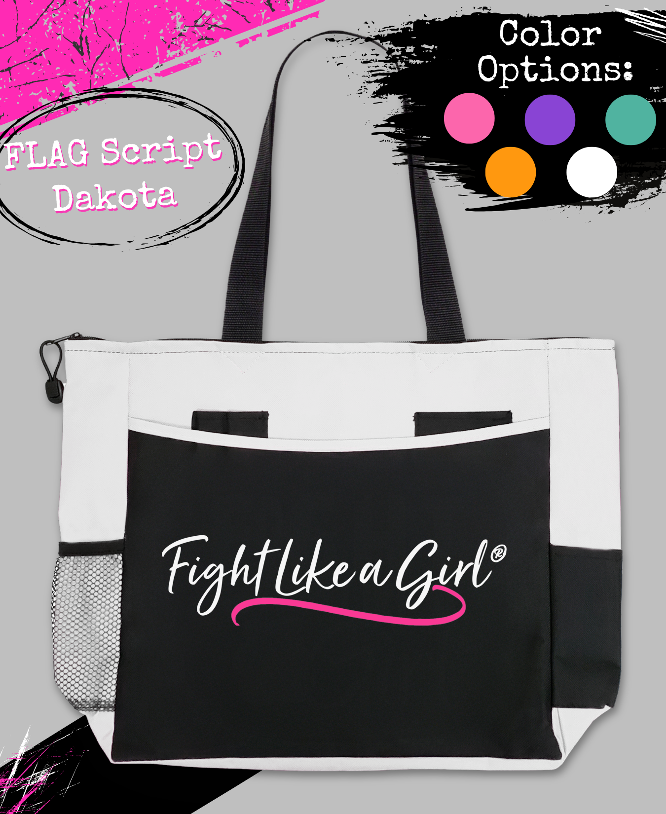 Fight Like a Girl Script Dakota Tote Bag - Black w/ White