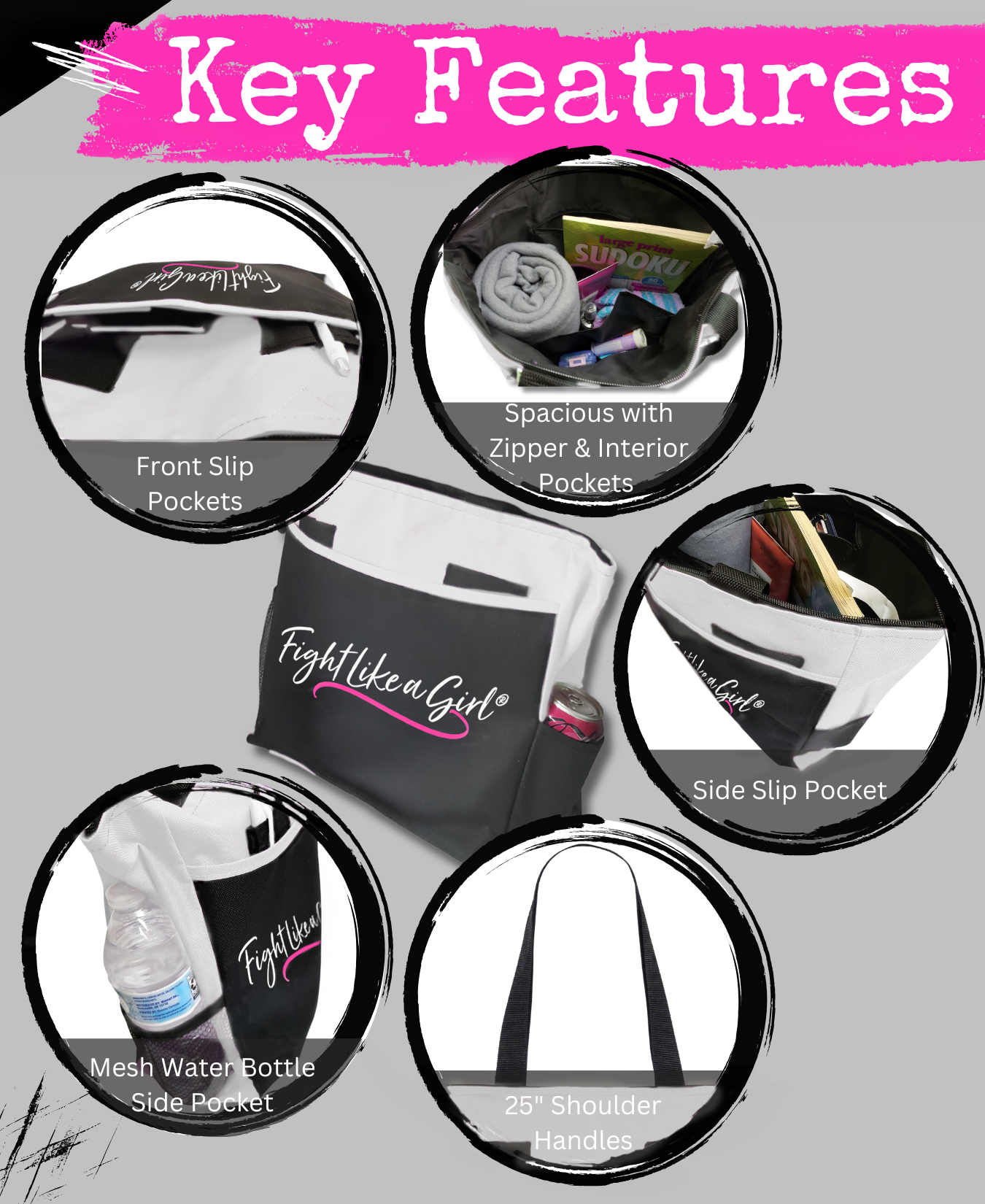 Fight Like a Girl Script Dakota Tote Bag - Black w/ White