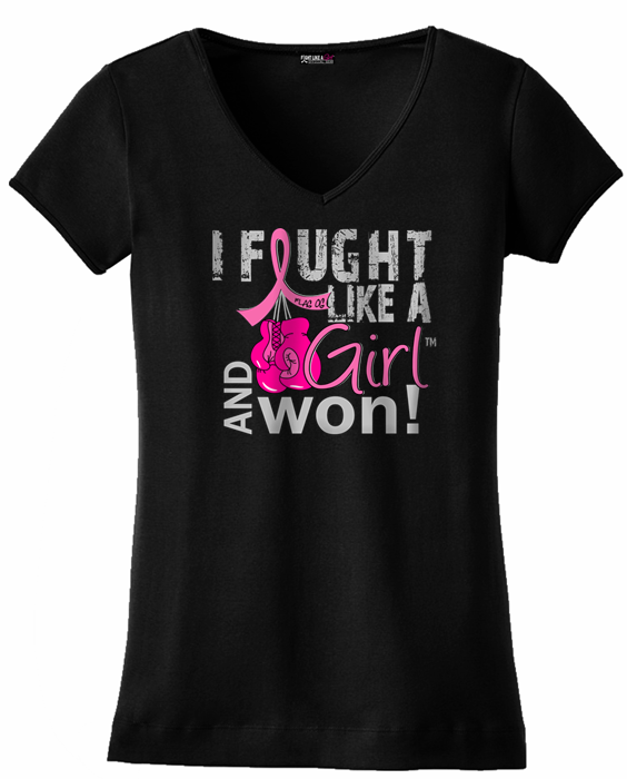 Fought Like a Girl Knockout Women's V-Neck T-Shirt - Black w/ Pink