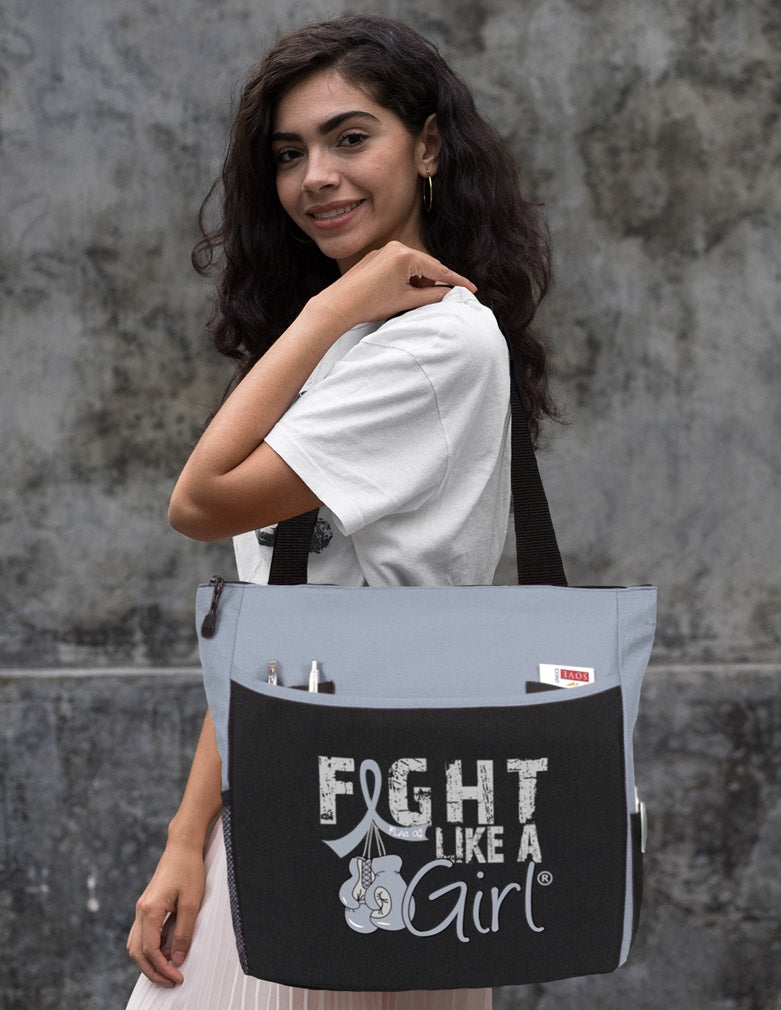 Grey Fight Like a Girl Knockout Dakota Tote Bag - Over the Shoulder