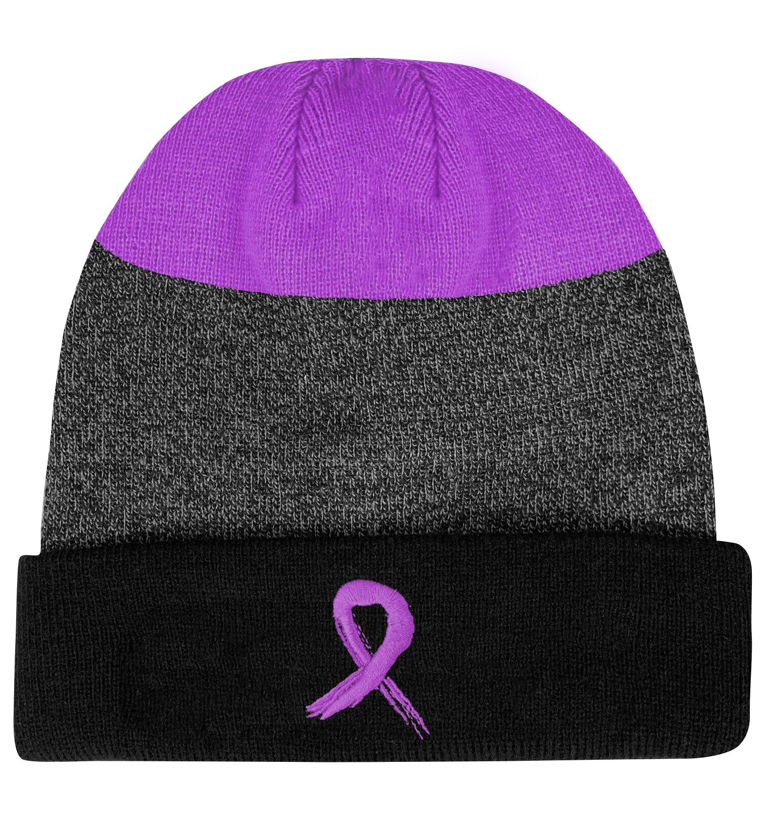 Grunge Ribbon Cuffed Knit Beanie - Black/Purple w/ Purple