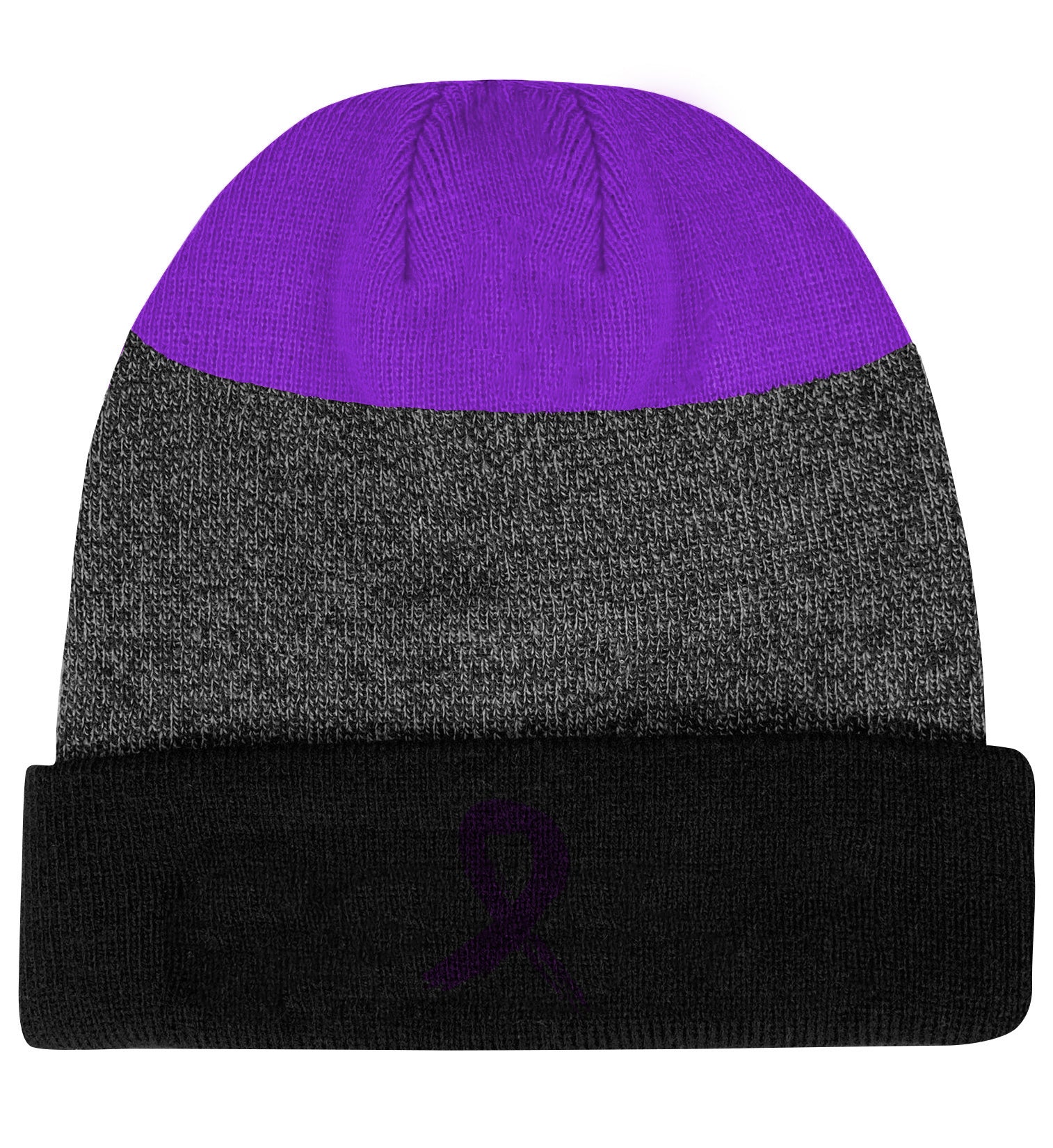 Grunge Ribbon Cuffed Knit Beanie - Black/Purple w/ Purple
