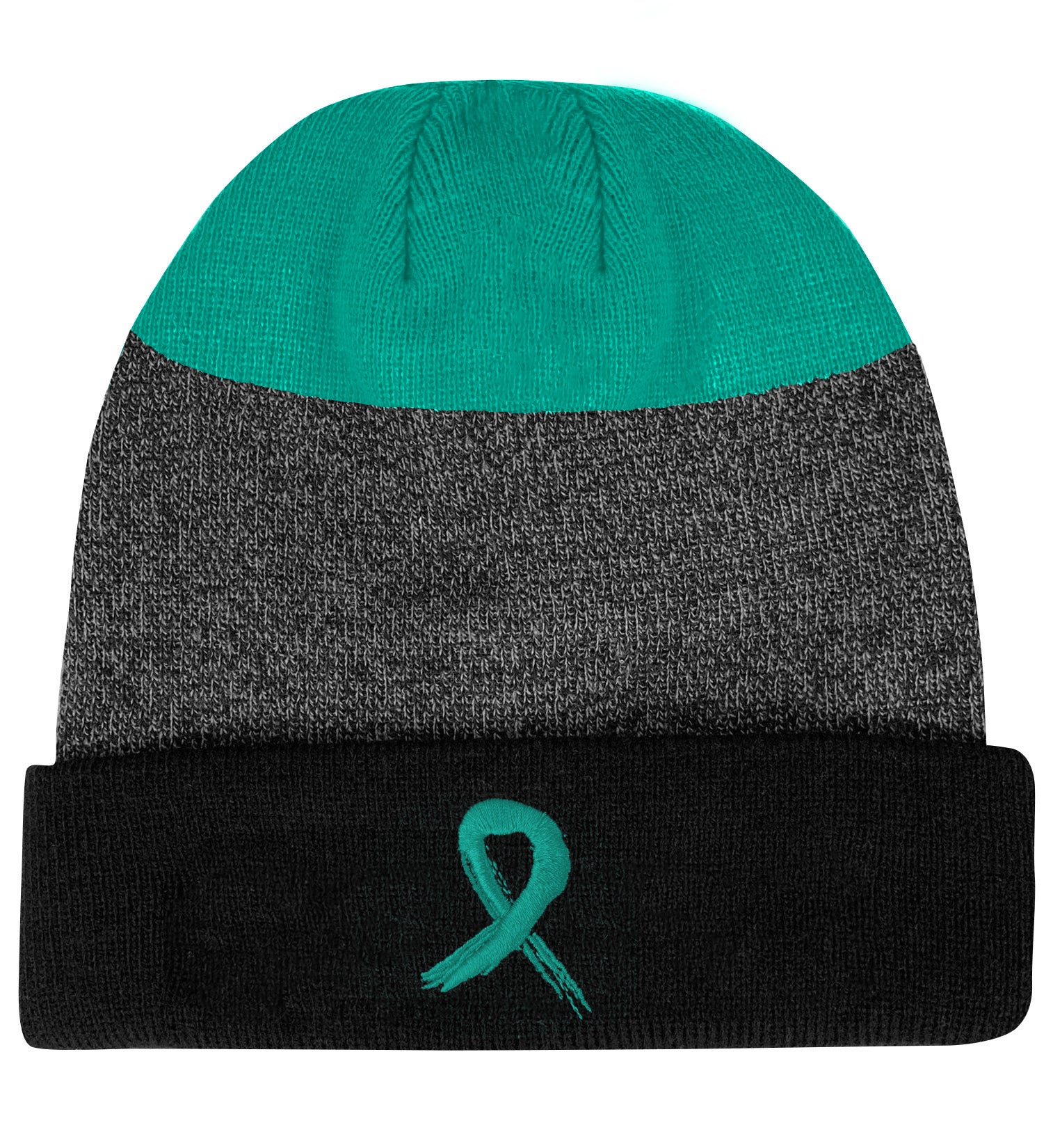 Grunge Ribbon Cuffed Knit Beanie - Teal Ribbon on Black/Teal