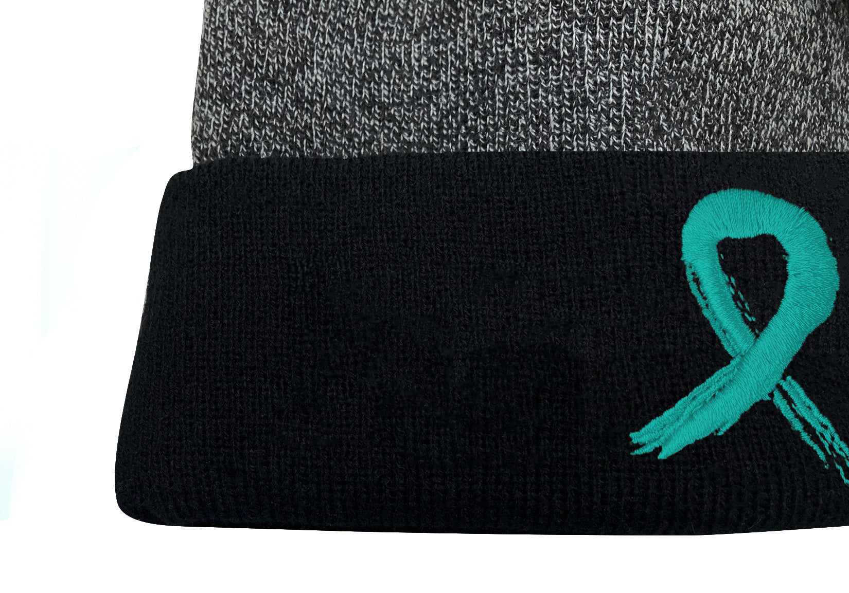 Grunge Ribbon Cuffed Knit Beanie - Teal Ribbon on Black/Teal