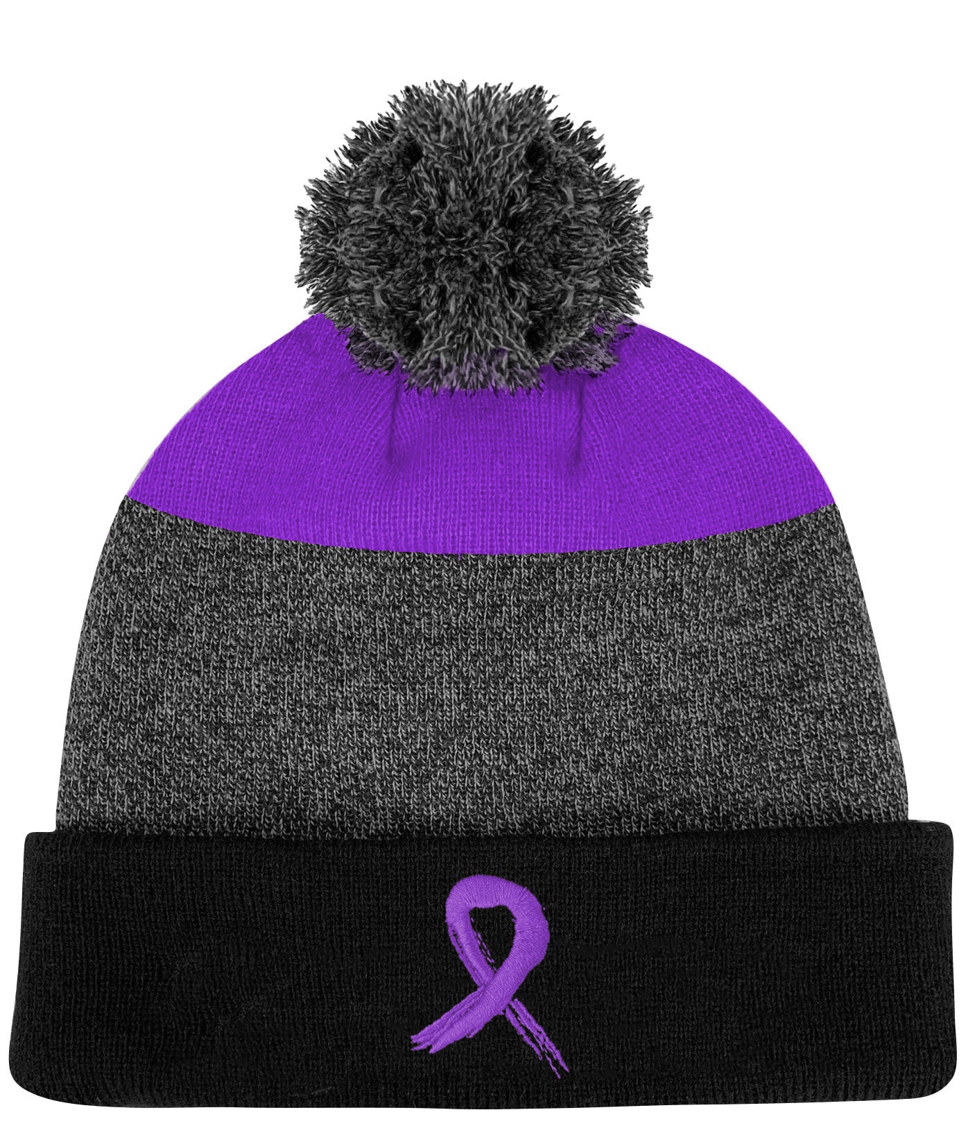 Grunge Ribbon Cuffed Knit Pom Beanie - Black/Purple w/ Purple