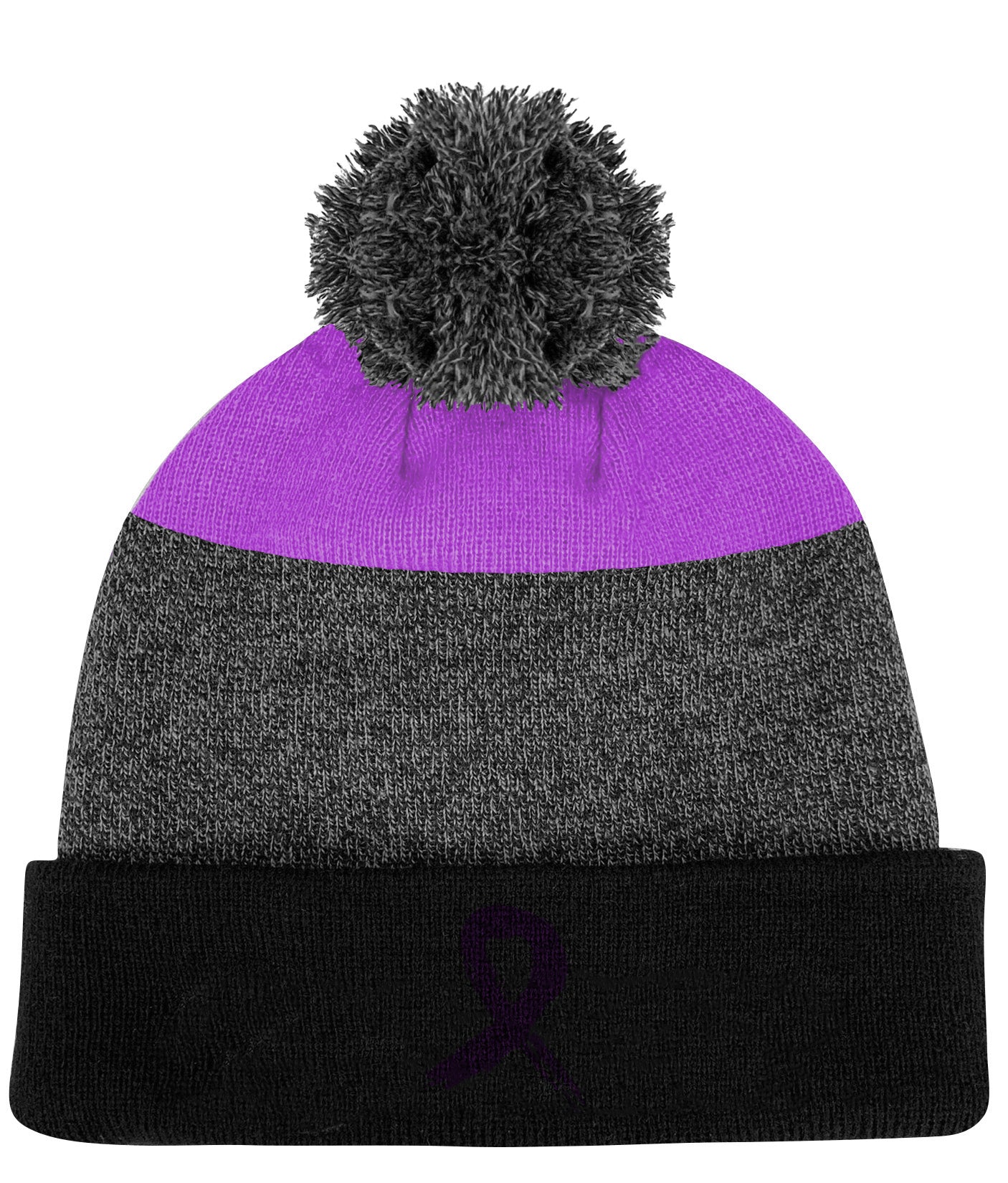 Grunge Ribbon Cuffed Knit Pom Beanie - Black/Purple w/ Purple