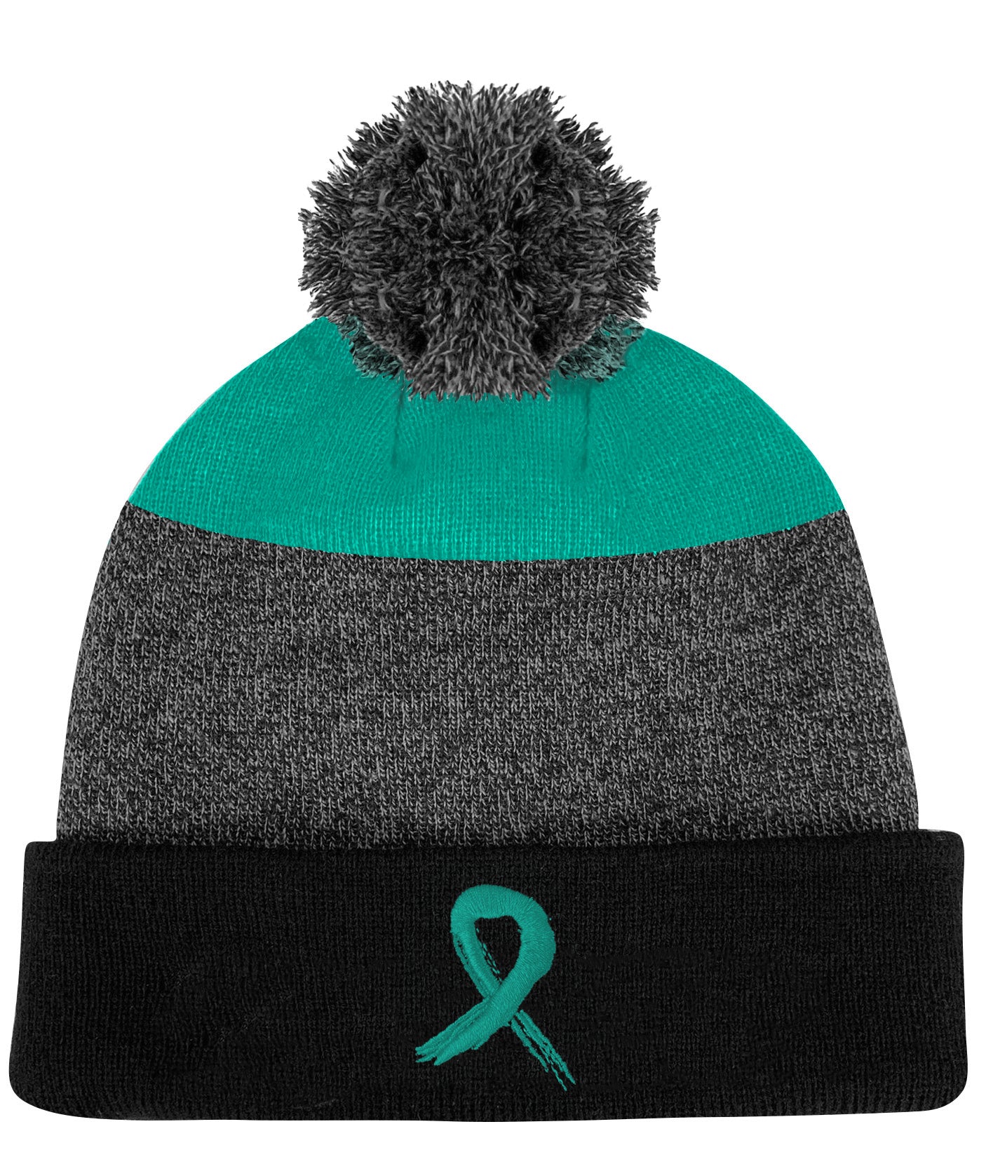 Grunge Ribbon Cuffed Knit Pom Beanie - Black/Teal w/ Teal