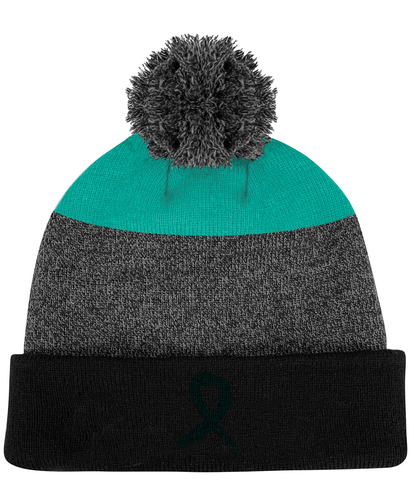 Grunge Ribbon Cuffed Knit Pom Beanie - Black/Teal w/ Teal