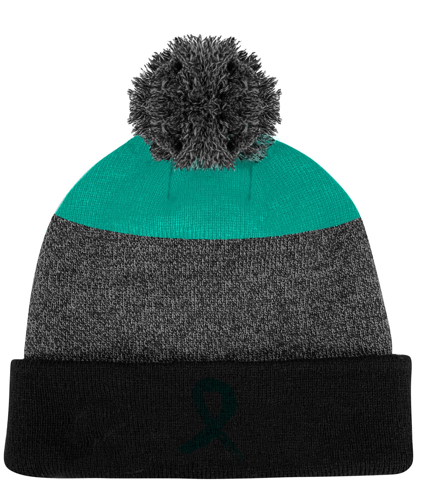 Grunge Ribbon Cuffed Knit Pom Beanie - Black/Teal w/ Teal