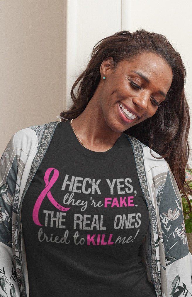 They're Fake" Unisex T-Shirt - Black w/ Pink