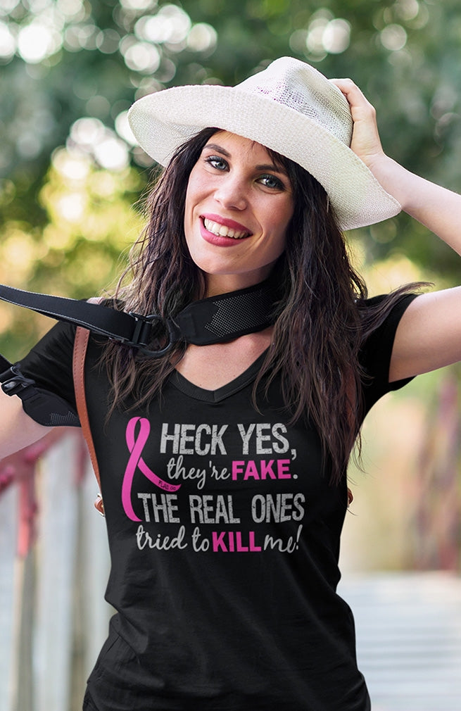 They're Fake" Ladies V-Neck T-Shirt - Black w/ Pink