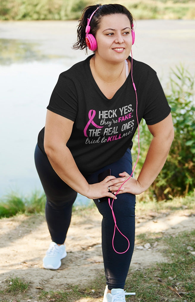 They're Fake" Ladies V-Neck T-Shirt - Black w/ Pink