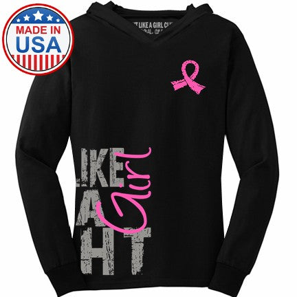 Fight Like a Girl Side Wrap v1 Women's Hooded Long Sleeve T-Shirt - Black w/ Pink