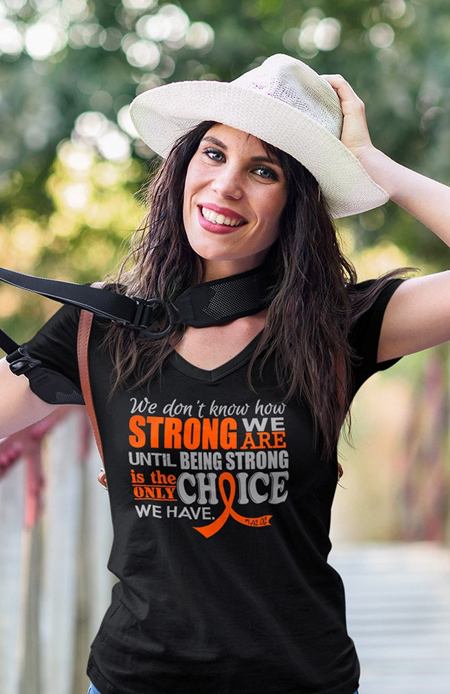 "How Strong We Are" Ladies V-Neck T-Shirt - Black w/ Orange