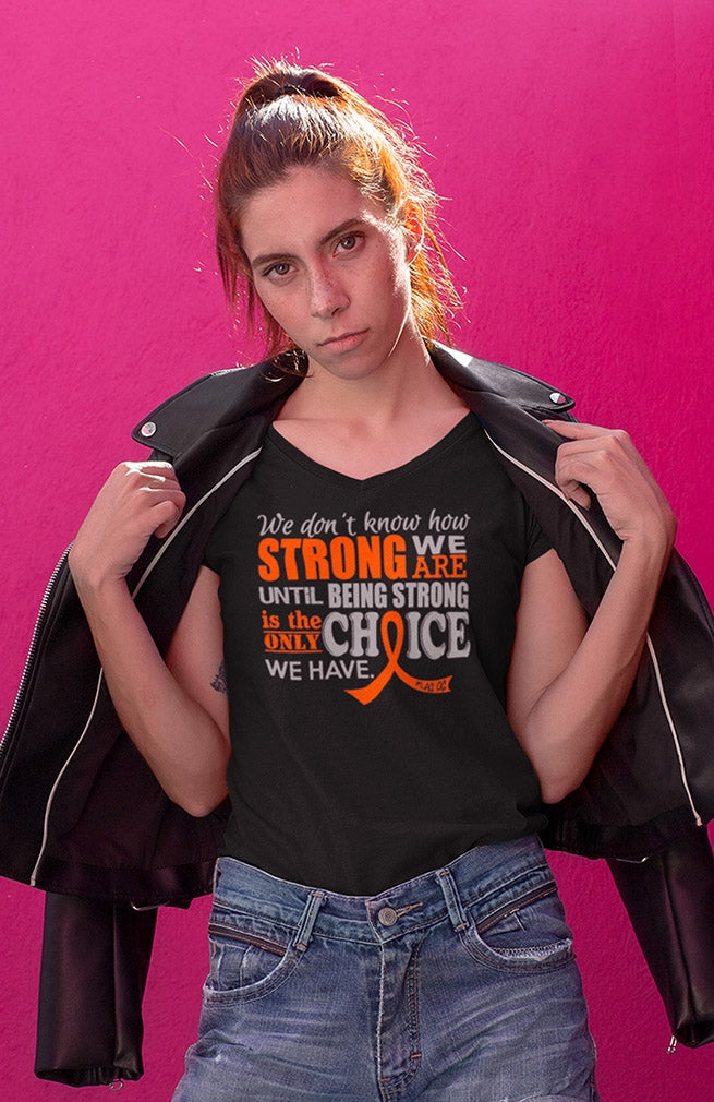 "How Strong We Are" Ladies V-Neck T-Shirt - Black w/ Orange