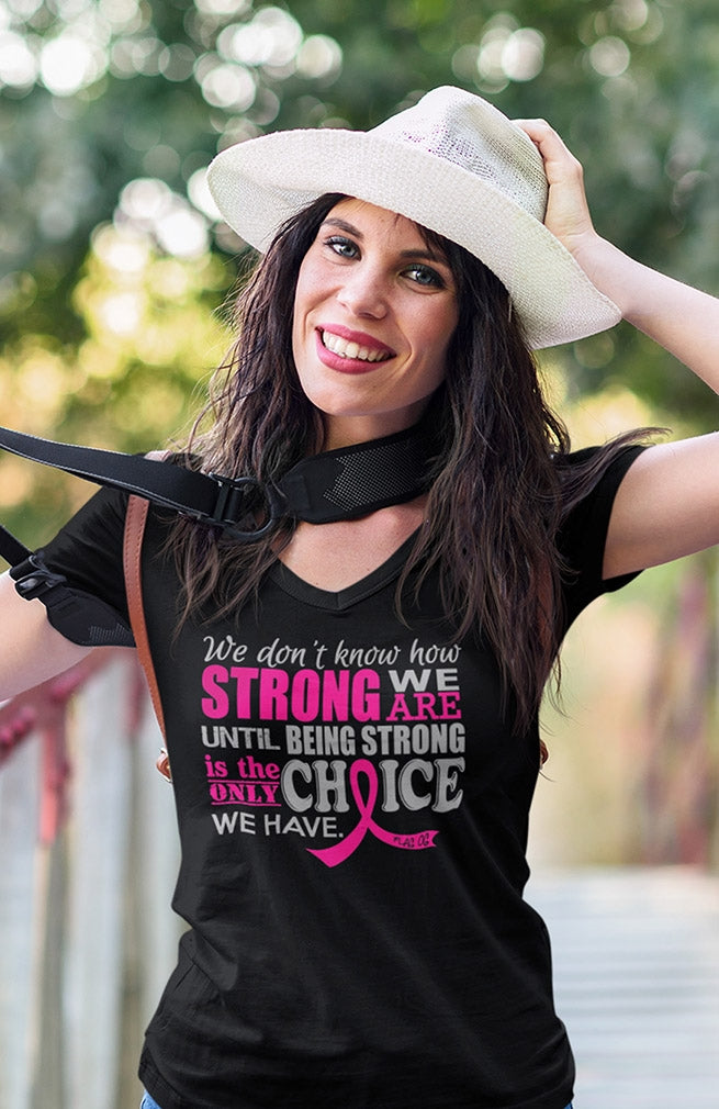 "How Strong We Are" Ladies V-Neck T-Shirt - Black w/ Pink
