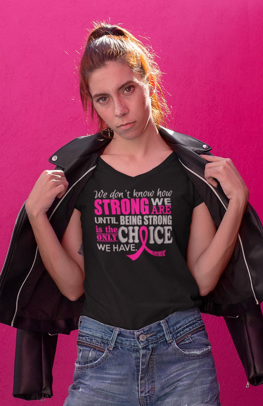 "How Strong We Are" Ladies V-Neck T-Shirt - Black w/ Pink